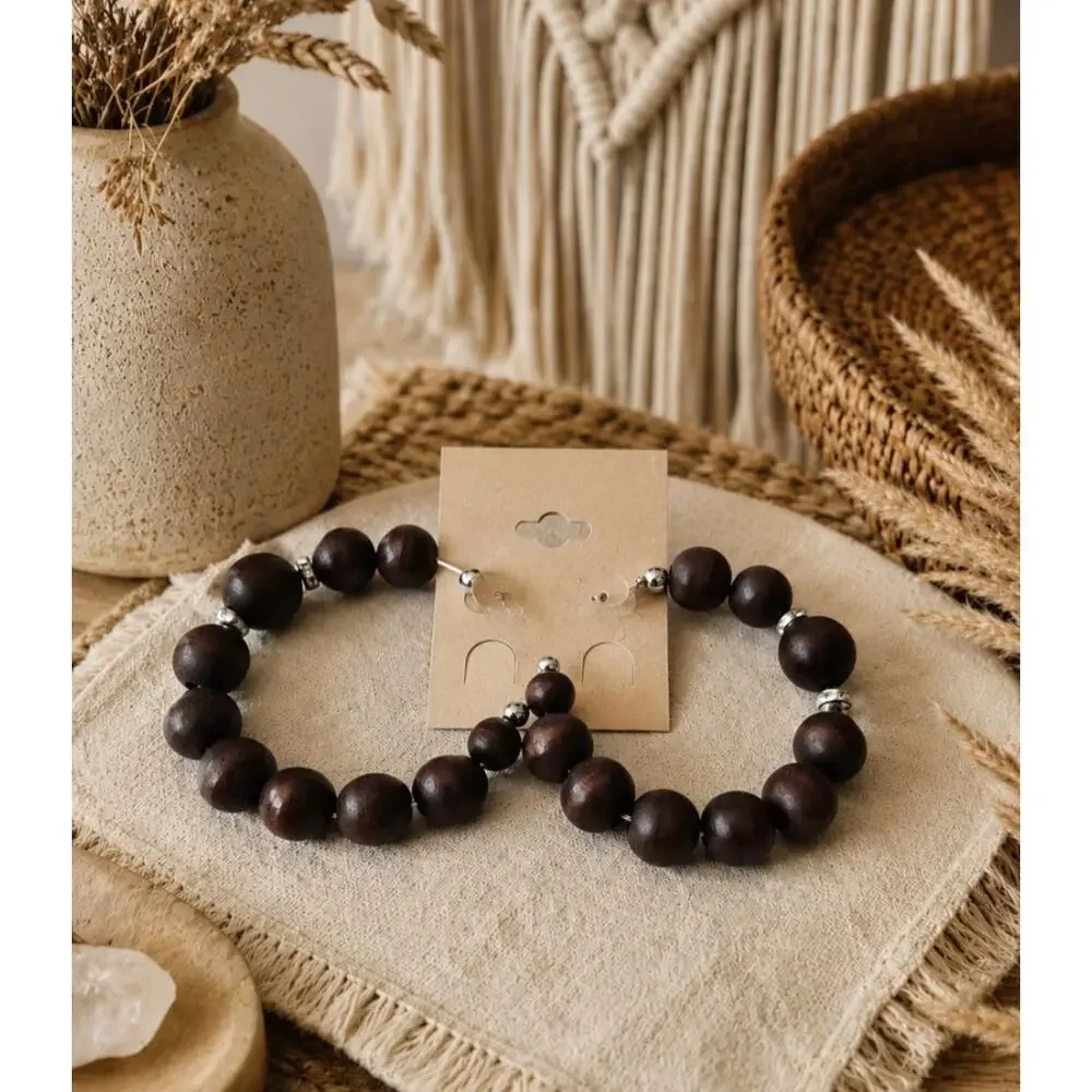 Wood Dark Brown Beaded Hoop Earrings New